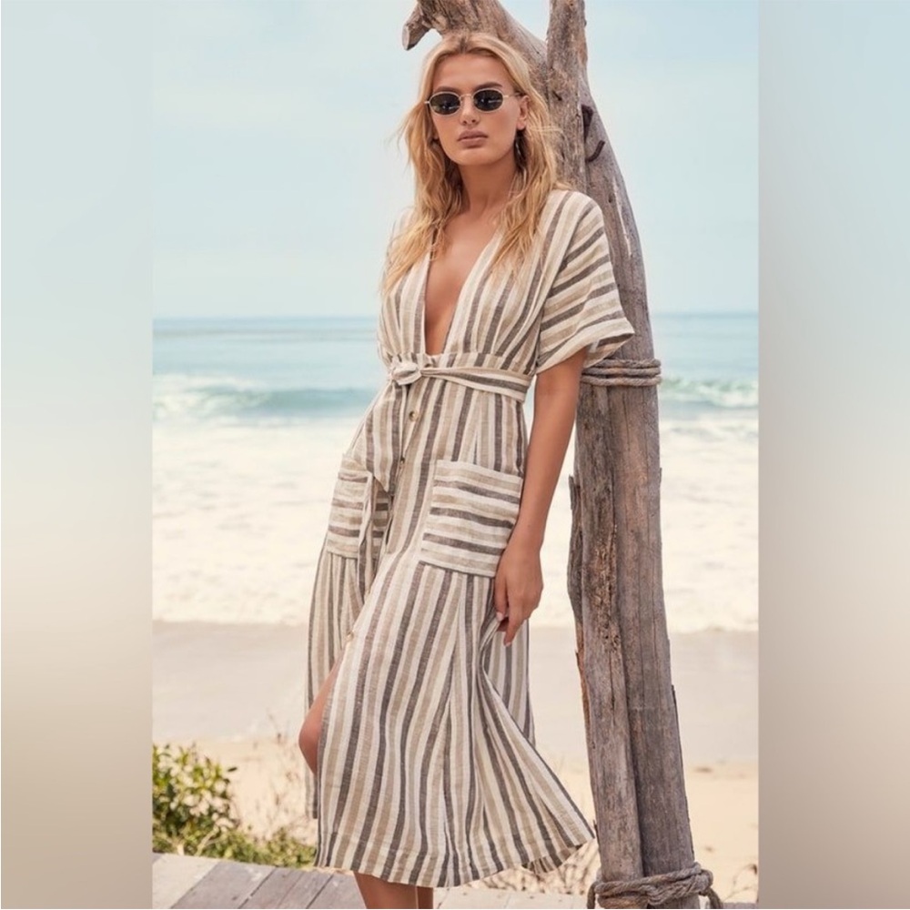 Free People Monday Midi Dress XS Linen Cotton Neutral Grey Stripe Revolve NWOT